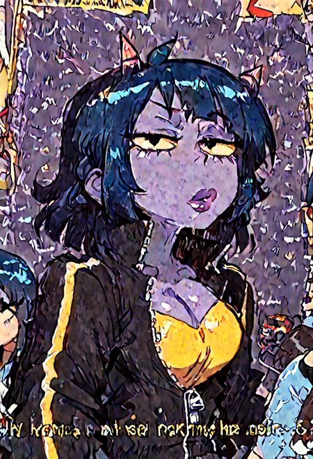 anime, photo, shiny skin,  intricate details, ultra-animatic, high saturation, high contrast, RAW, <lora:add_detail:0.33>, ppfnono, ppfnono_aku, 1girl, short blue hair, demon_girl, horns, colored_skin, colored sclera, yellow sclera, black eyes, track black jacket, yellow shirt, cleavage, medium breasts, lips,