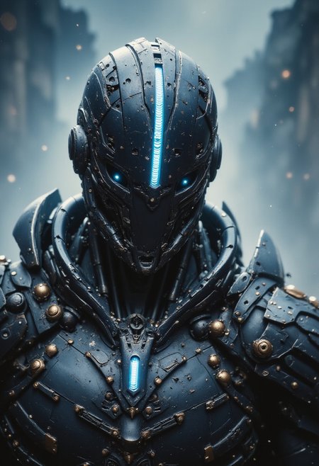 Atmospheric haze, foggy atmosphere, high quality analog photography of a mechanical Cyborg Warrior wearing an intricate FredFraiStyle inspired black and vibrant thin dark intricate designed armor with high collar, Highly detailed realistic analog photo close-up action scene of a robot knight in intricately patterned armor. The focus is on the knight’s helmet, showcasing the glowing slit where the eyes should be, but instead of visible eyes, there's a pale blueish blur of light that trails with the swift motion, capturing the dynamic speed of the fighter. The scene is set in a misty, fog-filled night with a desaturated color palette. The background is hazy, while motion streaks and dynamic lighting enhance the sense of speed and intensity, with the knight’s glow piercing through the mist.
Holding a vibrant Puls emitting battle Hammer, impressive powerful stance, very detailed, artistic model shot, blushed smiling,