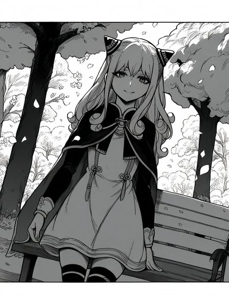 score_9, score_8_up, score_7_up, source_anime, <lora:ashe-talton-manga-ponyxl-lora-nochekaiser:1>, rengoku ashe, long hair, greyscale, monochrome,, thighhighs, long sleeves, capelet, cape, dress, white dress,, park, cherry blossoms, bench, gentle breeze, peaceful, smile, looking at viewer, solo,, cowboy shot, dutch angle