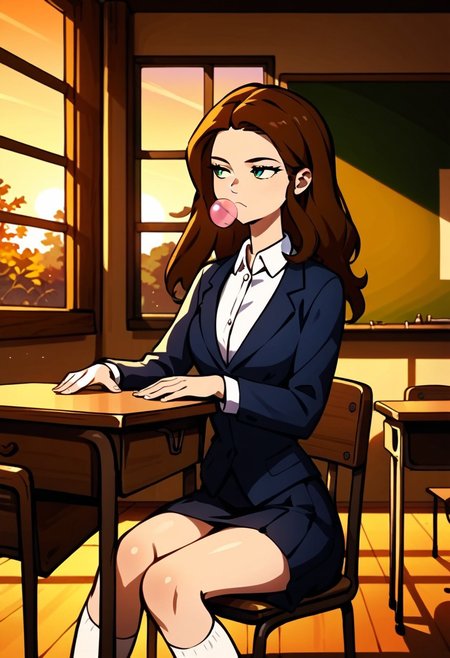 score_9, score_8_up, score_7_up, score_6_up, score_5_up, source_anime, Expressiveh
SBAbigail, 1girl, brown hair, long hair, green eyes, formal. very dark desaturated blue jacket, white collared shirt, very dark grayish blue skirt, white socks, black shoes
classroom, chair, sitting on chair, behind desk, desks, sitting, legs together,  chalkboard, windows, sunset, sun, sky, forests, indoors, detailed background, orange sky
pink bubblegum, blowing bubblegum, (bored:1.2) leaning on desk, (((elbows on desks))) looking away