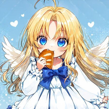 score_9, score_8_up, score_8, score_7_up, 
1girl, solo, AEFilo, blue eyes, blonde hair, ahoge, long hair, white wings, blue bowtie, white dress, frilled dress, frilled sleeves, long sleeves, barefoot, polka dots background, smile, eating, bread, loaf, eating, close shot, cute girl, looking at viewer,
cute, kawaii, hearts,