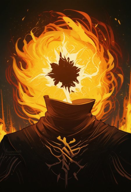 score_9, score_8_up, score_8, score_7_up, score_7, score_6_up, score_6, score_5_up, Score_5, lord_of_frenzy, headless, novakin, (faceless, no eyes, no mouth, no nose, no facial features:1.3), (short fiery yellow orange hair, body made of black plasma:1.2), black robes,  vox machine style, 1boy, male focus, solo, portrait, dark foreboding background, fantasy, (dynamic lighting:1.1) ((masterpiece))