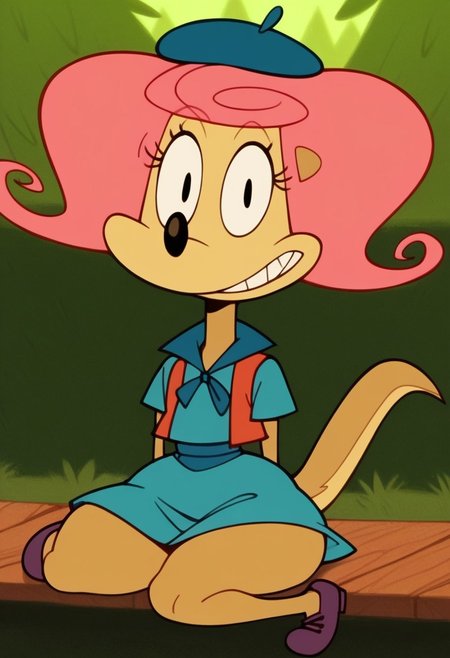 score_9,score_8_up,score_7_up, score_6_up, Score_5_up, Expressiveh, perfect eyes, (detailed face and eyes:1), source_cartoon, looking at viewer, perfect teeths, 1 girl, solo, furry, Colored, puffy nipples, Venus body, small stature, thick thighs, narrow waist, perfect eyes, head on, front pose, full body, clothes, dressed, open eyes, smile, big ass, sitting, sitting on a bench, greeting
BREAK: in a forest, sunny, clouds, yellow grass
BREAK 1girl, solo, furry, Patsy_CL, tail, black eyes, bright pink hair,  blue green beret, blue green dress, red vest, dark purple shoes, cute