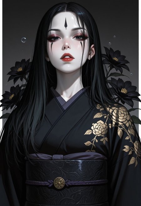 black background,simple background,Volumetric Lighting,looking at the viewer,glowing,1girl,black hair,bubble,black eyes,solo,makeup,multicolored hair,long hair,paleskin,colored skin,white skin,japanese clothes,kimono,eyeshadow,black hair,flower,black kimono,streaked hair,upper body,parted lips,grey background,black flower,black eyeliner,white border, masterpiece,best quality,amazing quality,high quality, newest, highres,8K,HDR,absurdres,vibrant colors,Volumetric lighting,cinematic,
<lora:iLLMythM4gicalL1nes:0.4>,m4gicall1nes,<lora:Sinozick_style:0.4>,sinozick_illu,zPDXL2,