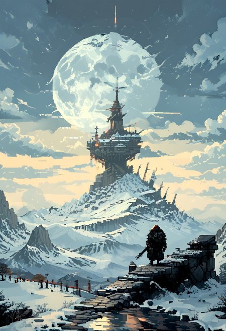 score_9, score_8_up, score_7_up, yamer_pixel_fusion, pixel art, 
A goddess looks towards The summit of a snowy mountain, reached only by the most devoted. A stone platform overlooks the world below, where rituals are held to call upon the power of the wind and sky, surrounded by towering ice spires., 
in the style of a vintage, high-contrast setting, dark and mysterious atmosphere. Resplendent spotlighting, Emphasize theatrical elements with bursts of bright colors against dark, moody backgrounds
, retro futuristic, atompunk, hyper-detailed, scifi, lofi, d3p1x3l, pixel art, a broken moon hangs in the sky