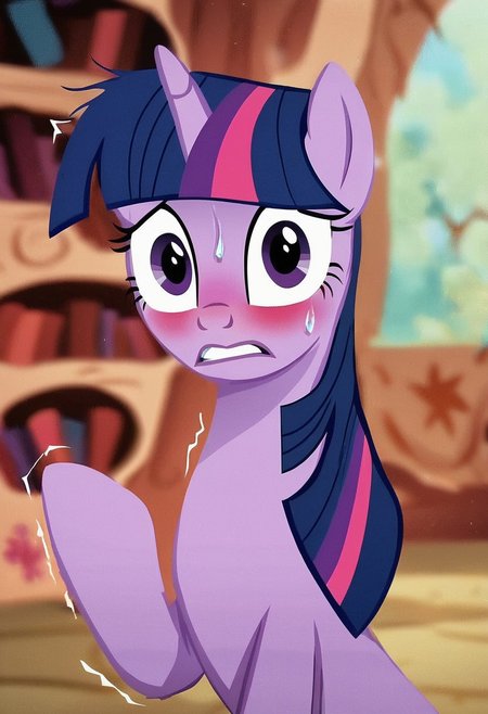 score_9, score_8_up, score_7_up, score_6_up, score_5_up, score_4_up, rating_safe, (masterpiece), (extremely intricate:1.3), (animated screencap), anime portrait of Twilight Sparkle, unicorn, female, mare, pony, solo, surprised, blushing, my little pony, upper body, sharp focus, show accurate, g4, detailed, beautiful, blurry background, indoors, golden oaks library, nervous laughter, looking at viewer, adorkable, purplesmart, giddy, excited, f1dg3tingXL, fidgeting, nervous, shy, trembling, motion_lines, sweat,
