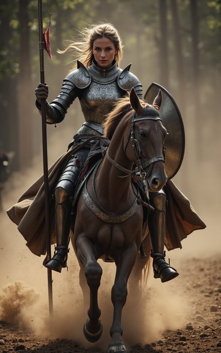 dramatic frontal shot of a fierce female knight in full plate armor on horseback, charging forward with a heavy jousting lance lowered, ornate steel armor with engraved breastplate accentuating her curves, large shield raised, warhorse clad in barding, dust and energy flying from hooves, candid photorealism, high-speed motion blur




fmlas-mk.1



