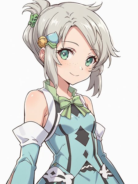 score_9, score_8_up, score_7_up,  
1girl, lucy rf, grey hair, green eyes, small breasts, freckles, folded ponytail, hair ornament, 

face, close-up, blue dress, bowtie, bare shoulders, detached sleeves, smile, looking at viewer, closed mouth, white background,
