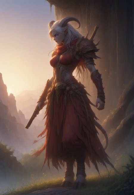 (absurdres, best quality, masterpiece:1.4), score_9, score_8_up, score_7_up, score_6_up, detailed, detailed body, detailed face, world of warcraft, fantasy, 

fFaceDetail, SkinDetail, ((female, draenei, tall, athletic arms, pale white skin, smooth skin, long white hair, purple eyes, no pupil, no sclera, long white tail), (h0rns, ram horns, white horns), 
(long fingers, purple fingernails, purple nail polish)), 

(long loose red dress, simple armlet, black facemask, red silk scarf), GunMonk, shotgun, holding shotgun,

full body, side view

outdoor, evening, mountains, sunset