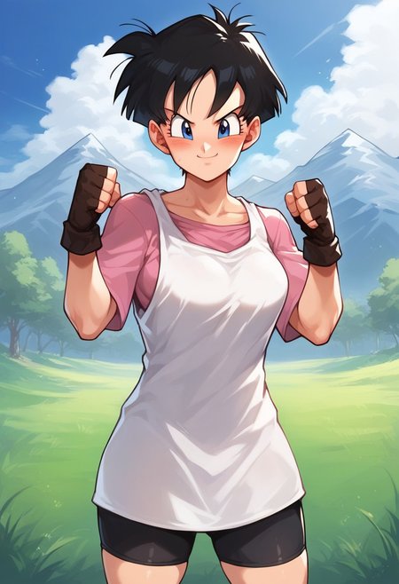 score_9, score_8_up, score_7_up, source_anime,  uncensored, <lora:Viper_Risen-000014:1>, v1p3r1seV6, BREAK, 1girl, videl, black hair, short hair, blue eyes, curvy, medium breasts, big ass, smile, blush, pink shirt, white sleeveless loose shirt, bike shorts, boots, black fingerless gloves, cowboy shot, outdoors, blue sky, grass, mountains, nature, clenched hand, clenched fist, cowboy shot, looking at viewer,