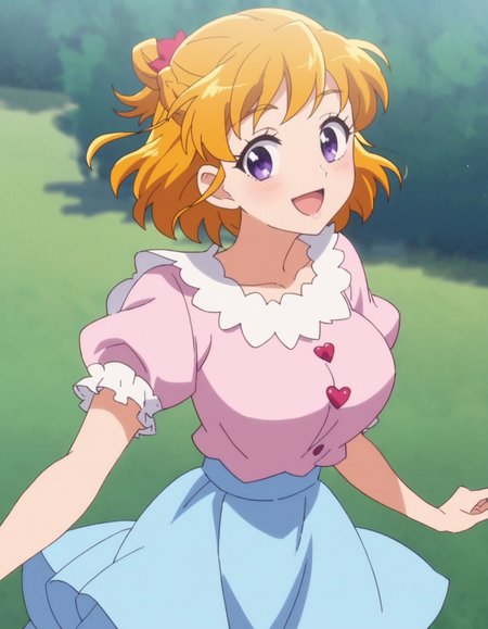 score_9, score_8_up, score_7_up, anime screencap, solo,1girl,asahinamiraimd, blue skirt,  short sleeves, pink shirt, puffy sleeves,purple eyes,smile, looking at viewer,cowboy shot,large breasts ,blush,open mouth<lora:asahinamiraimd:0.8>