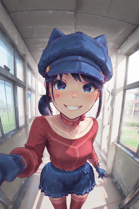 CoolMita, 1girl, hat, gloves, red shirt, blue pleated skirt, red thighhighs, ponytail, walks towards viewer, reaches hand to upper right corner of picture, playful grin, sly eyes, predatory look, close-up, 
school, in school hallway, wall with windows on right, wall with doors on left,
masterpiece, best quality, amazing quality, very aesthetic, absurdres,  newest, 
scenery, (volumetric lighting) <lora:holographiccolor:0.7> <lora:DarkerThanBlackIllustrious:0.5>  <lora:Mita-MiSide-4-4-Illustrious:0.9>  <lora:ponyv5_noobV065S_1_adamW:0.6>  <lora:Fisheye_Style:0.7>