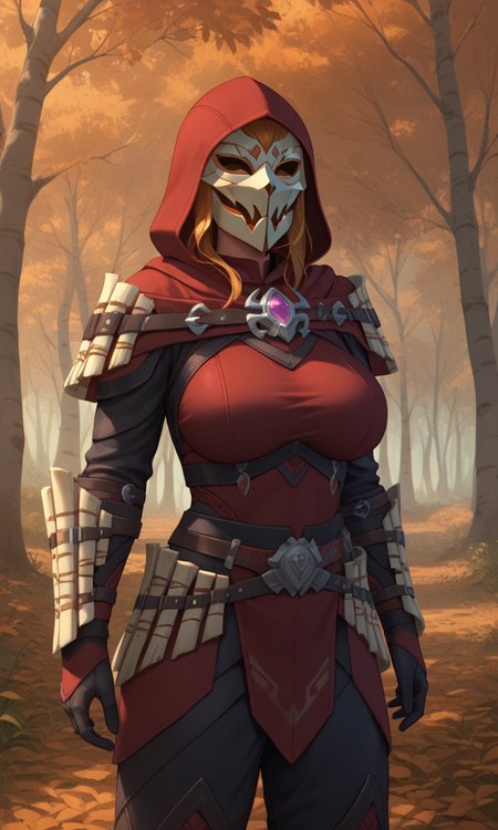 anime style, anime studio, vibrant, (score_9, score_8_up,score_7_up), masterpiece, best quality, ultra quality, eyes, 1girl, (big breasts:1.2), <lora:glavakolhoza_shadowscalearmour:0.7>, glavakolhoza_shadowscalearmour, standing, relaxed pose, autumn forest, hood, helmet, mask, close up, fantasy armour,