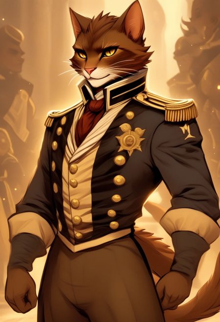 A short haired tabaxi man, sailor captain uniform, Dark brown and tan fur, Commanding, leader, confident, dancer, elegant