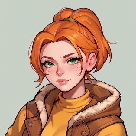 score_9,score_8_up,score_7_up,score_6_up,source_anime,rating_questionable, simple background    <lora:Robin_-_Stardew_Valley:0.8> robin_sdv, 1girl, green eyes, freckles, orange hair, ponytail, zPDXL2,