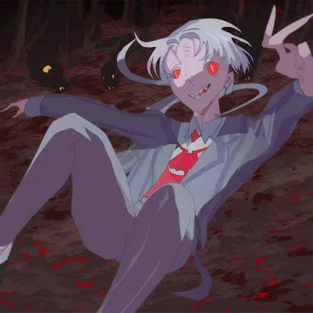 flesh, blood, horror, gore, long limbs, albert fish, smiling, sharp teeth, man, against the backdrop of the forest, anime, cyberpunk