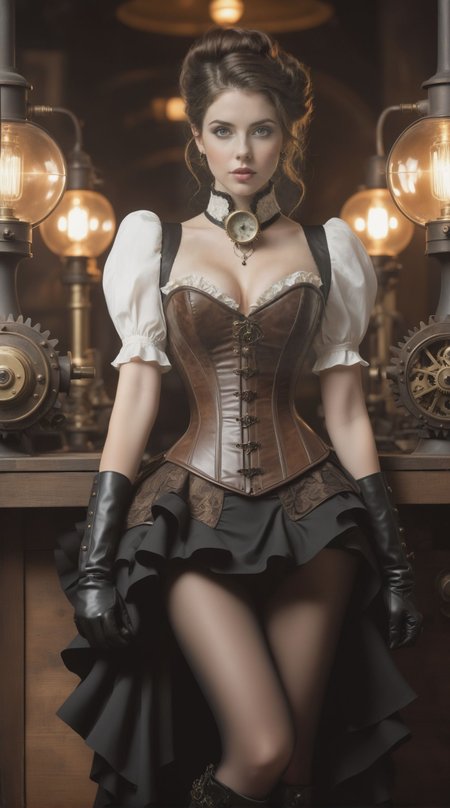 style of Jon Foster, Dark Fantasy, Moody Atmospheres, Dynamic Poses, Painterly Technique, Detailed Figures, Dee_Glover, full body photo of adult woman, cute face, ([style of Jovana Rikalo:style of Liam Wong:0.4]:1.15), [Victorian:steampunk:0.6] setting, adult woman embodying a steampunk aesthetic with a Victorian twist, ((intricate corset design)), holding greasy spout oil can, steel boned corset with brass cogs and gear accents, layered bustle skirt in rich brocade, detailed with copper threading, high-collar ruffled blouse with puffed sleeves, leather gloves reaching just below the elbow, adorned with delicate clockwork pieces, striking leather boots with metal heel detailing, a combination of elegance and industrial flair, hair styled in a sophisticated updo, adorned with miniature steampunk-inspired hat, subtle yet striking makeup highlighting her sharp features, standing confidently in a vintage workshop setting, surrounded by brass and copper machinery, soft glow of ambient gaslights, casting dramatic shadows, the air filled with a sense of adventure and mechanical wonder, her presence a perfect blend of Victorian grace and steampunk boldness, captivating the viewer with a look that's both nostalgic and forward-thinking., large bosom, attractive body figure, feminine hourglass body shape