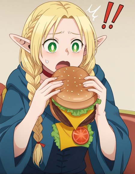 1girl, solo, <lora:marcille-donato-s1-ponyxl-lora-nochekaiser.safetensors:0.9>,  marcille donato, long hair, blonde hair, green eyes, braid, pointy ears, twin braids, elf, bright pupils, exclamation mark, surprised, parted bangs, choker, robe, red choker, mcdonald's restaurant background,  <lora:Burger_Malfunction-PonyXL-1024px.safetensors:0.9> burger malfunction, eating, lettuce, tomato, cheese, ketchup, soda, fast food