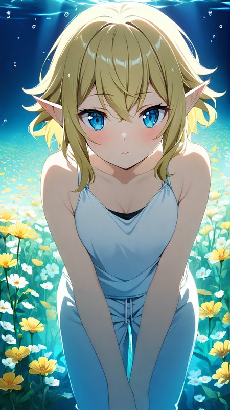 <lora:Ryu_Lion:1> <lora:Anime Enhancer XL V2:1>
1girl, RyuLion, RyuLion has dark blue eyes, RyuLion has blonde hair, RyuLion is an elf, 
RyuLion wearing a white tank top, RyuLion wearing white sweatpants, 
RyuLion laying in a beautiful field of flowers, Sunshine, daylight, 
flower, blue lighting,underwater, water <lora:flowersea:1>