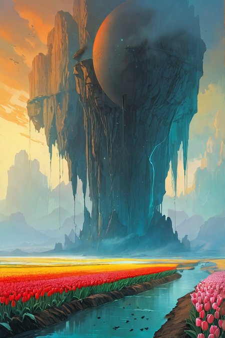 Landscape,Landscape creator,A Crack in Realityto other world,  A floating archipelago bound by liquid light bridges reverse waterfalls feeding sky lakes,  comets dragging liquid light trails, Thickets of translucent tulips storing liquid starlight, glaciers melting upward into floating archipelagos, heat distortions birthing temporary oasis holograms, Art painting by Zdzislaw Beksinski and Kim Jung Gi and René Magritte, featured on Sparth,,
<lora:extremely_detailed:0.7> extremely detailed ,
<lora:add-detail-xl:0.7>,
 <lora:softdigital2x2:0.15>,
 <lora:EpicF4nta5yXL:0.3>,, Magic realism painting art style, surreal compositions, vibrant colors, blurs the line between reality and fantasy