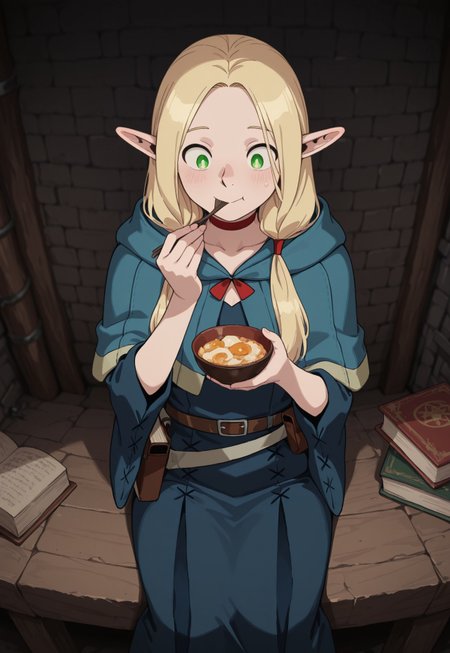 masterpiece, best quality, amazing quality, very aesthetic, absurdres, Dunmeshi_Marcille, 1girl, solo, female focus, pointy ears, blonde hair, green eyes, HairLowTwintails, official alternate hairstyle, red choker, blue hooded capelet, hood down, blue long dress, furisode sleeves, brown belt, belt pouch, book holster,  cowboy shot, sitting, holding bowl, eating, happy, dungeon, dark, perspective,