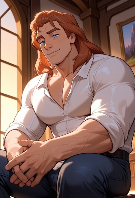 masterpiece,best quality,amazing quality,very aesthetic,absurdres,newest, huge filesize, Prince_Adam_BTB, 1man male focus, solo, auburn hair, blue eyes, lean and muscular, mature, long hair, strong, tall, manly, masculine, classy, soulful eyes,  artistic,  score_9, score_8_up, score_7_up, Masterpiece, Best Quality, beautiful eyes, detailed eyes, male focus, dynamic angle, male focus, solo, face focus, front view, gentle smile, standing, ((male)), ((mature)), ((adult)), handsome, sexy, ((slender)), ((pecs)), ((bara)), ((twunk)), Prince_Adam_BTB, 1man, auburn hair, blue eyes, Golden Hour Shot, medium close-up, sitting down, hands clasped in front on his knees and hands on his chin, dark denim jeans,  subtle smile, Henley shirt,