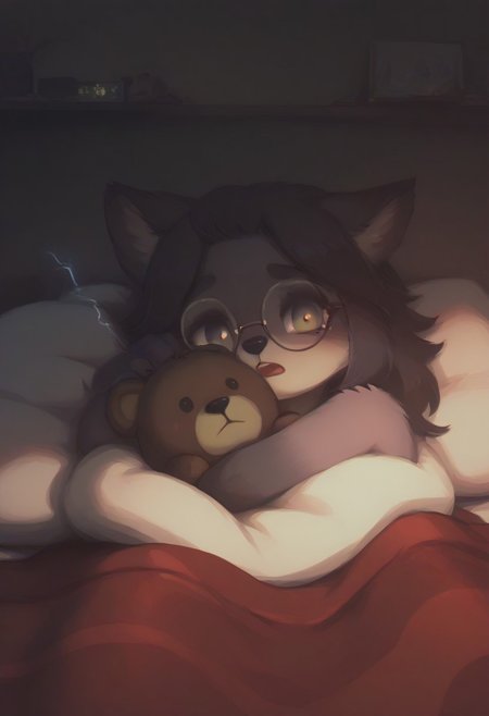 score_9, score_8_up, score_7_up, Expressiveh, score_9,score_8_up,score_7_up,very aesthetic ,(masterpiece:1.4), (best quality), (colorful), (detailed), cinematic lighting, volumetric lighting, stuffed toy, pillow, stuffed animal, hug teddy bear, bed, looking at viewer, indoors, open month, wolf, round glasses, no humans, blanket, covered herself with a blanket, ,sleeping cap, furry, wolf, ,solo, plaid black-white blanket, wolf eyes, wolf ears, wolf girl, show tits, furry, fluffy,  blanket, clutching blanket, nipples showing, night, alarm clock,  scared, dark room, lightning, fear, big tits, night light, 20 yo girl