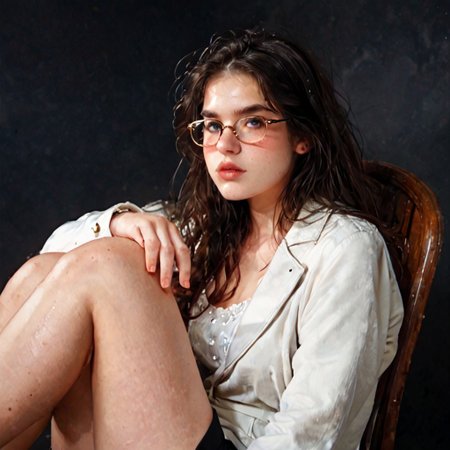 score_9, score_8_up, score_7_up, (ultra HD quality details), 
dark background, 
sitting on chair, posing for photo, looking at viewer, crossing legs,
1girl, nerdy girl,
long black hair, 
blue eyes, white sclera, glasses,
blushing,  
long legs, busty,
white shirt, black skirt, pantyhose,
black platform pumps,
white trench coat,