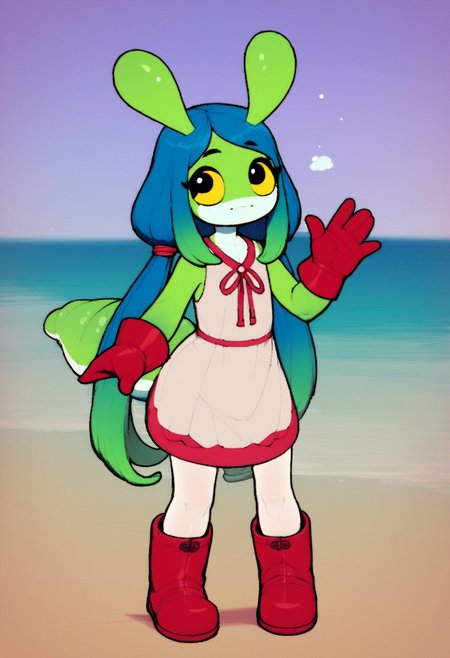 score_9,score_8_up,score_7_up,1slug,solo,dim lighting,,colored skin,green skin,multicolored skin,long hair,gradient hair,blue hair,long twintails,animal ears,:3 mouth,young,child, gloves,slug,source_furry,child, cute, slug eyes,white belly, snout,cute,eyelashes, flat chested,wide hips, stubby big tail, slimy body, happy,beautiful eyes, standing in the beach,red boots,long stubby tail, leather gloves,white dress,white pantyhose ,sea slug,cute,black eyes, yellow sclera, eyelashes, slug eyes, slug antennas,:3 face, waving to the viewer,dress with frills,
By kekitopu