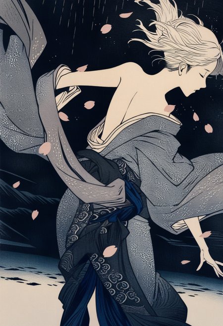 cherry blossoms  in a dark storm, light and shadow, a girl in kimono and dancing, cherry petals flying in the air, wind and rain, dynamic angle, close-up shot, (best quality), woodcuts, highly detailed, KHsty-XL <lora:KHsty-XL-v3-AN:0.7>