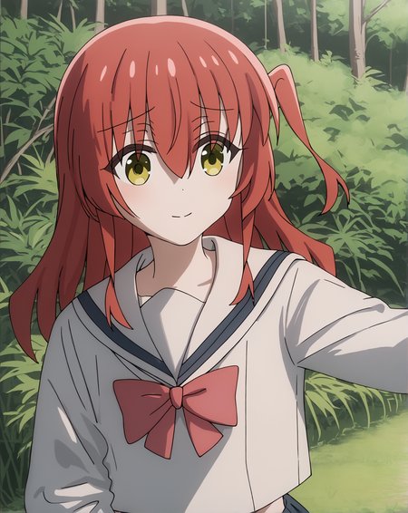 score_9, score_8_up, score_7_up, highres, hi res, best quality, masterpiece, 2d, intricate details, 4k, anime coloring, shadow, uncensored,
1girl, solo, female, long hair, hair between eyes, red hair, one side up, green eyes, yellow eyes,
school uniform, serafuku, sailor collar, pleated skirt, necktie, red necktie, sailor fuku, serafuku, shirt, long sleeves, 
upper body, looking at another, cowboy shot, 
outdoors, jungle, grass, on grass, more grass, big grass, depth of field, trees, foliage, bushes, <lora:Ikuyo_Kita_1024_Pony:1>, kita ikuyo, bocchi the rock!,