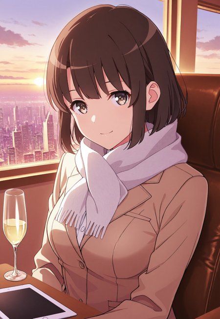 safe_pos, masterpiece, best quality, 1girl,Megumi <lora:IL-KatoMegumi:0.8>,brown hair,katou megumi,brown eyes,medium breasts, short hair, ,medium breasts,  looking at viewer, masterpiece, best quality, designer business suit, silk scarf, luxury watch, private jet interior background, leather seats, champagne glass, window view of clouds, city lights below, sophisticated pose, confident business smile, mahogany tables, ambient cabin lighting, tablet device nearby, expensive furnishings, sunset through airplane window, high-class atmosphere, golden hour lighting, corporate lifestyle, three-quarter view framing,((eye fix))