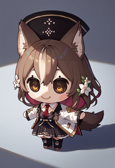 score_9, score_8_up, score_7_up, chibi, solo, 1girl, chisaka1st, smile, brown hair, hairclip, hair flower, wolf tail, hat, red necktie, necktie between breasts, detached collar, cleavage, black dress, boots, white jacket <lora:spchisakaAiriXLPony:0.9> <lora:style_beegsmol_ponyXL:1>