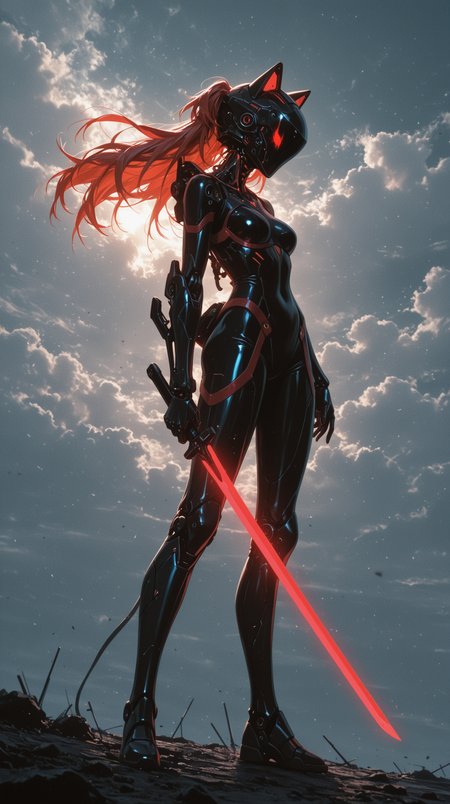 masterpiece, best quality, (anime coloring),
solo, 1girl, mecha girl, long hair, red hair, windblown hair, partially visible face, mecha musume, futuristic armor, powered exoskeleton, black bodysuit, red accents, red trim, hightech bodysuit, armor plating, visored helmet, covered face, full body armor, mechanical cat ears, mechanical neck, glowing sword, mechanical arms, cyberpunk aesthetic, sky background, cloudy sky, soft lighting, backlighting, high contrast, realistic shading, highres, view from side
