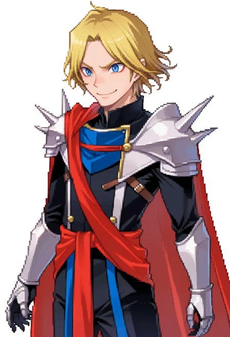 score_9, score_7_up, source_anime, solo, BREAK  <lora:zs_DevilSurvivorPortraitsXL:1> devilsurvivorportraits, portraits, white background, (male focus:1.2), red theme,, smile, 1boy, blue eyes, blonde hair, parted bangs, hair intakes, armor, pauldrons, cuirass, gauntlets, waist cape, greaves, black bodysuit, surcoat, shoulder sash, wing shoulder armor, red cape, pants,