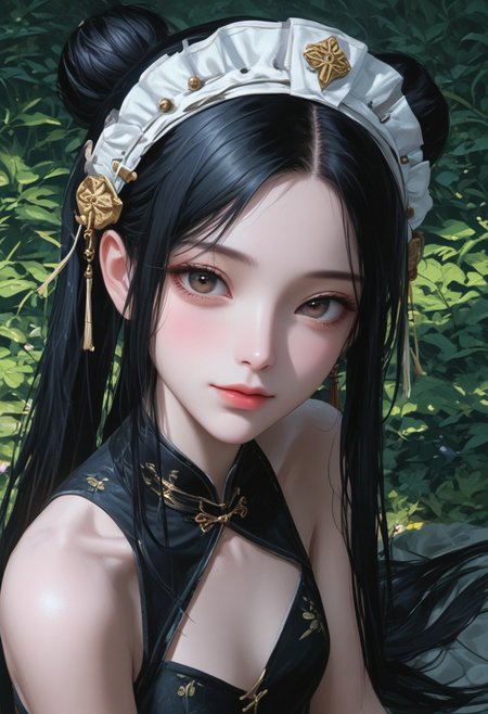 score_9, score_8_up, score_7_up, score_6_up, score_5_up, score_4_up, sharp focus,
high angle view,
petite chinese woman, long black hair, brown eyes, 
slim face, almond eyes,
beautiful face, realistic face, detailed face, 
chinese attire, headdress,
sad smile, 
detailed background, sharp background, lush canyon,
OverallDetail,