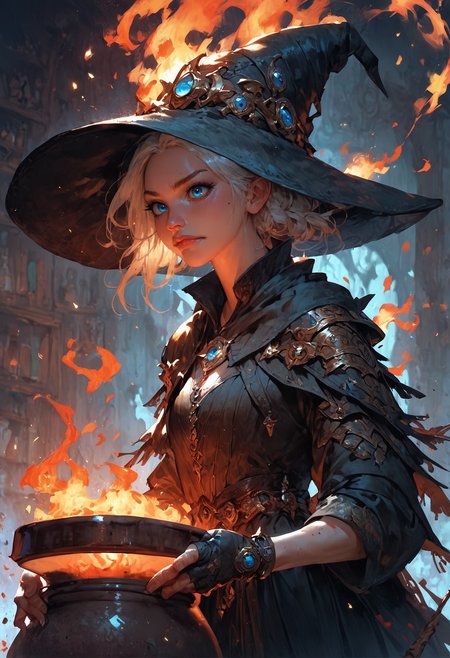 score_9, score_8_up, score_7_up, score_6_up, score_5_up, score_4_up,<lora:Fant5yP0ny:0.8>, 1girl, black dress, cauldron, witch hat, fingerless fiery gloves, blue eyes, fire, fantasy,solo focus,epic