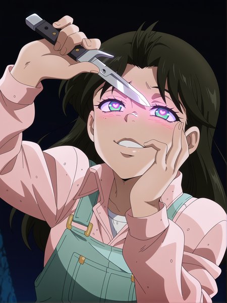 masterpiece, best quality, amazing quality, absurdres, newest, dynamic_angle, defined facial features, anime coloring, anime screencap,
 <lora:Anne_Merlai_IL1.1v0:1> merlai anne, pink shirt, green overalls, white undershirt, upper body, yandere trance, glowing eyes, dark background, heart-shaped pupils, holding switchblade knife,
