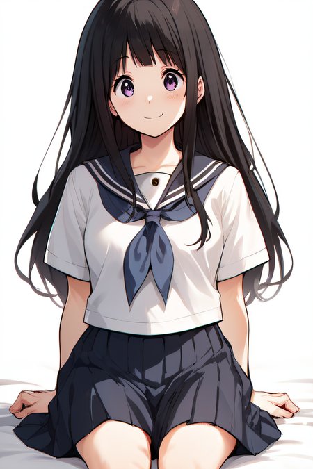 score_9, score_8_up, score_7_up, score_6_up, score_5_up, score_4_up, BREAK source_anime, masterpiece, best quality, ultra quality, <lora:Chitanda_Eru-02:1>, chitanda, black hair, long hair, purple eyes, simple background, frontal view, looking at viewer, blush, frontal view, white shirt, blue neckerchief, serafuku, pleated skirt, arms at sides, smile, sitting, five fingers, short sleeves