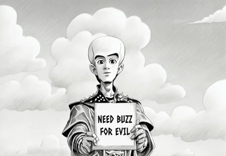 monochrome, greyscale, traditional media,masterpiece, best quality, very aesthetic, solo, looking at viewer, 1boy, male focus, sky, cloud, english text,official style, araki hirohiko (style), MegamindXL, need_buzz, holding sign,Buzz2,bald