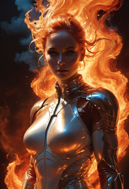 superhero human torch, Flame Projection pyrokinesis white fire, atmospheric lighting, famous artwork by (mark riddick:1.4) and (beeple:1.4) and (lucas graciano:1.4) and (anthony s. waters:1.2), (dramatic scene:1.3), (fractal art:1.2), detailed expressive eyes, fantasy style,  dynamic angle,
(whirling,spellbinding,resplendent,ridged,cuboid,void,dragon curve,dream milk,synthwave sunset,bewildering,leather,celestial system,mica,rhodium,brown magic:1.0), Hands pressed against the wall, knees slightly bent, hips thrust back invitingly, she embodies the raw animalistic nature of lust that drives us all to seek out new heights of pleasure., Confident, Eyes that meet the viewer directly, a slight smile, and a relaxed posture.
 <lora:zavy-cntrst-sdxl:1> <lora:MJ52:.3> <lora:add-detail-xl:1> <lora:great_lighting:3> great lighting