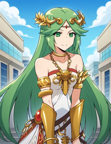 score_9, score_8_up, score_7_up, source_anime, <lora:palutena-trailer-ponyxl-lora-nochekaiser:1>, palutena, long hair, bangs, very long hair, green eyes, green hair, parted bangs,, dress, bare shoulders, jewelry, necklace, white dress, strapless, tiara, strapless dress, armlet, neck ring, gold,, floating city, sky, futuristic, architecture, clouds, smile, leaning forward,, looking at viewer, solo,, dutch angle, cowboy shot
