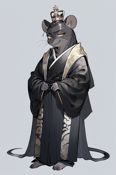 (((masterpiece))),(((best quality))),((ultra-detailed)), solo,ani,
A black rat crowned with a golden coronet, draped in a black brocade robe, its gaze sharp and alert, as if harboring secrets of ancient dynasties.
white background, full body,Role concept design, <lora:InkAni-000010:0.8>
