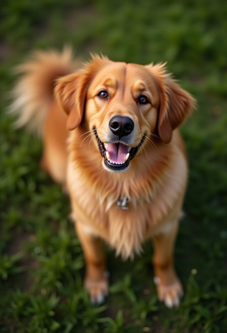 Top down view of a Nova Scotia Duck Tolling Retriever in a field of grass, lovingly looking at the viewer