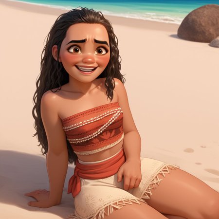 score_9, score_8_up, score_7_up, score_6_up, score_5_up, score_4_up, rating_explicit, Moana, on the beach, sitting, small breasts, embarrassed smile, blushing, lots of pubic hair, looking up at viewer, covered in sand, messy hair, light brown eyes
