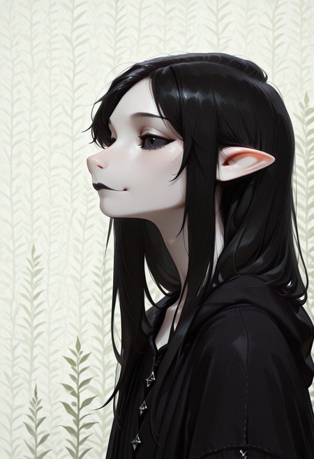1 person, (lapanya, snout nose), solo, androgynous, pointy ears, sleek hair, straight hair, long hair, black hair, straight hair, parted bangs, hair over shoulders, ((black eyes:1.5, black sclera:1.5)), white pupils, pinprick pupils, (very pale skin, white skin), (full lips, black lipstick), black cloak, low collar, collarbone, side view,
Chin up, looking sideways at viewer, small smile,
Medieval style, Smooth colors, detailed face, smooth skin, smooth nose, organic cavern background, clean lines, high quality, best quality, masterpiece, rating: safe, source: semi-realistic,