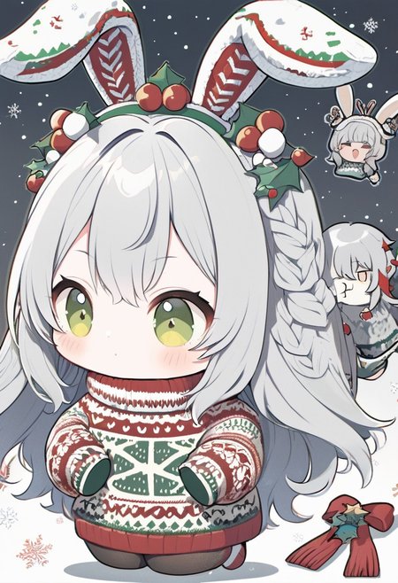 <lora:SDXLChristmasSweater:0.9>christmassweater, chibi bunny wearing a christmas sweater
