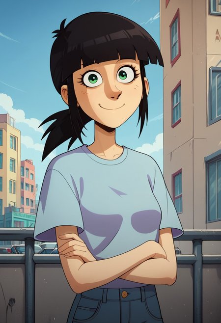 ((city background)),score_9, score_8_up, score_7_up,score_6_up, 
1girl, Solo, Sarah_TADL, light skin, green eyes, black hair, straight fringe, low ponytail hairstyle, light blue short-sleeve T-shirt, tight blue jeans, black shoes, social smile, big eyes, cute face, close-up, face photo, perfect eyes, perfect smile