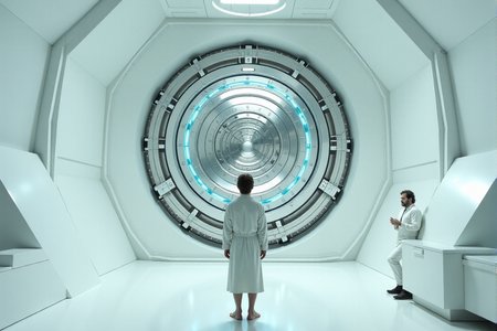 "Visualize the pristine, almost sterile white interior of the Heart of Gold spaceship's bridge. The iconic Infinite Improbability Drive, a vast, geometrically complex structure of polished chrome and softly glowing blue lights, dominates the center of the frame, perfectly symmetrical. Arthur Dent, in a slightly disheveled dressing gown, stands in the foreground, dwarfed by the sheer scale of the technology, his expression a mixture of bewilderment and mild terror. Ford Prefect, looking nonchalant in a slightly too-loud shirt, leans against a sleek, minimalist console, observing Arthur with a detached amusement. The lighting is cold and even, reminiscent of a brightly lit laboratory, with long, sharp shadows cast by the stark white walls and the Drive's intricate components. Focus on the vastness of the space and the feeling of being utterly out of one's depth in the face of advanced, incomprehensible technology. 8k resolution, hyperrealistic rendering, symmetrical composition, cold lighting, minimalist design, Kubrickian sci-fi aesthetic."  <lora:cinematic film IMAX70mm Filmstrip style v1:0.8> cinematic film style, IMAX70mm , filmstrip borderâââ