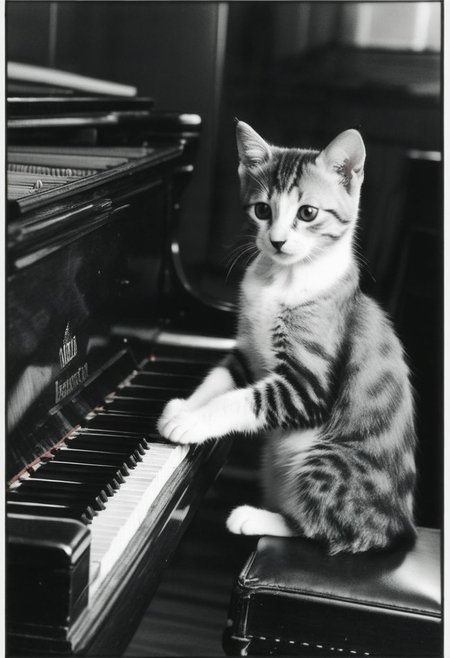 Kitten using tiny paws to press ivory keys on an old grand piano, tail swaying to unseen melodies, concentrated gaze, beloved feline playing music, black and white image, real, vintage style, ambient lighting, focused foreground, blurred background, timeless moment, high contrast, monochrome, grainy texture, film emulation, 35mm.